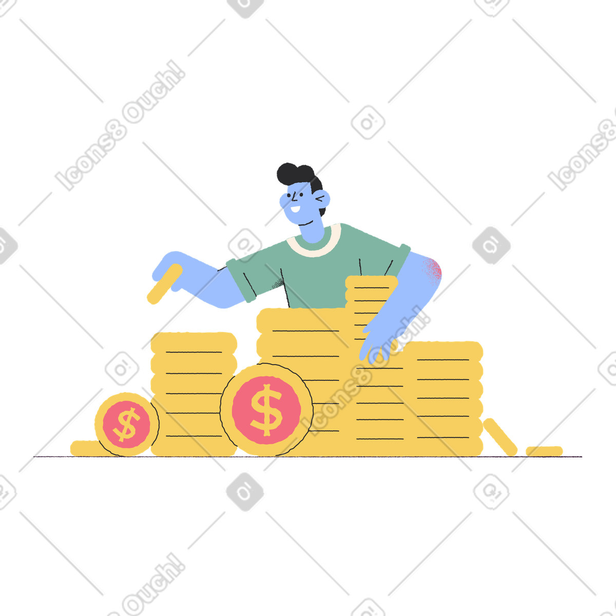 Illustration Homme dans un tas de pièces le style Pablo à télécharger aux formats PNG, SVG