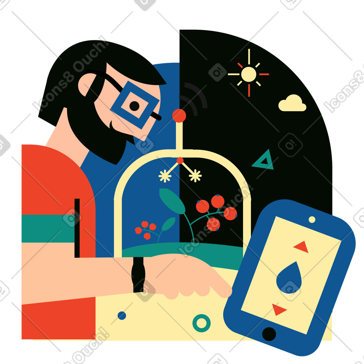 Uomo che coltiva verdure in una serra intelligente illustrazione stile Polar scarica PNG, SVG
