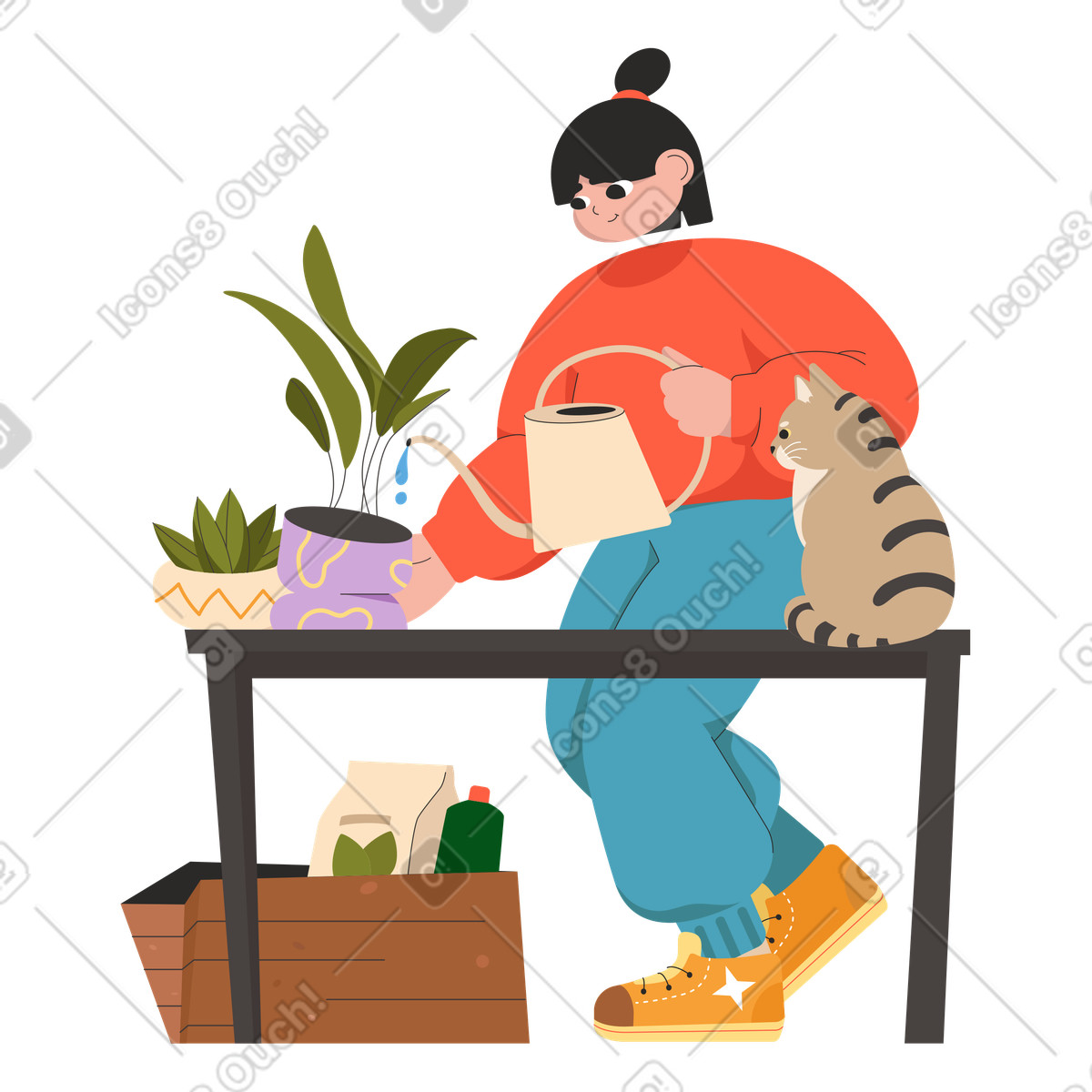 Girl with a cat takes care of houseplants and waters them illustration in Dizzy style download in PNG, SVG