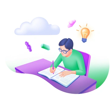 A modern pastel illustration depicts an interpreter seated at a wooden desk, intently writing in a notebook. The interpreter has short hair and is wearing glasses, with a focused expression. Above their head, a series of dreamlike images float, including a soft cloud, a glowing light bulb, and abstract shapes in pastel colors. The background features a muted gradient, enhancing the ethereal quality of the floating images. The notebook is open, and the pages are filled with neatly written text.
