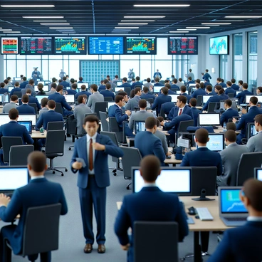 A stock exchange floor filled with numerous traders engaged in lively discussions. There are electronic boards displaying real-time stock prices and charts, flickering with vibrant colors. Traders are wearing business suits in various shades of gray and blue, some holding paper reports, while others are using mobile devices and tablets. The atmosphere is dynamic, with a large digital clock visible in the background indicating the trading hours. You can see a modern design of the floor with glass panels and bright overhead lights.