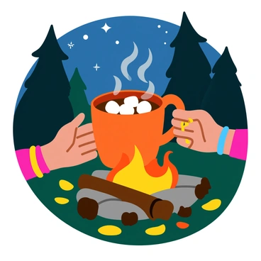 Two hands, one with a gold ring and the other decorated with a colorful bracelet, are gently holding a large, steaming mug of hot cocoa. The mug is ceramic, with a glossy finish and a whimsical design of marshmallows and swirls. The campfire crackles in front, sending sparks into the air, while glowing embers cast warm light on the hands and the surrounding dark forest. Tall trees loom in the background, their silhouettes contrasting against the flickering flames, and the ground is covered with a blanket of fallen leaves. A few snowflakes gently fall, adding a hint of winter magic to the scene.