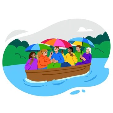A group of locals huddled under colorful umbrellas while sitting in a small, wooden boat. The boat gently floats on a tranquil river, surrounded by lush greenery on both banks. The rain falls softly, creating ripples on the water's surface. Each person wears casual clothing, some with raincoats, and they share warm smiles, creating a sense of camaraderie despite the weather. The umbrellas are bright and varied, adding vibrant splashes of color against the gray sky.