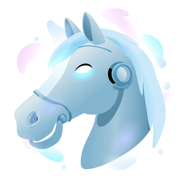 A high-tech robotic horse head with sleek metallic surfaces reflecting light. The head features intricate mechanical details, showcasing a fusion of artistry and technology. Glowing eyes emit a vibrant light, casting a subtle glow on the surrounding surfaces. The background is softly illuminated with gradient pastel colors, enhancing the futuristic feel of the robotic creation.