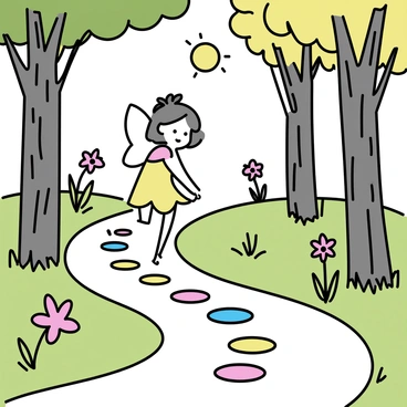 A small flower fairy with delicate wings, adorned in a dress made of colorful petals, is leading a path through an enchanted forest. The path is lined with vibrant petals of various colors, creating a natural walkway on the soft green grass. Tall trees with intricate bark patterns surround the scene, their branches filled with lush leaves. Sunlight filters through the foliage, casting gentle shadows on the ground. The atmosphere is filled with blooming flowers in different shapes and sizes, enhancing the magical feel of the forest.