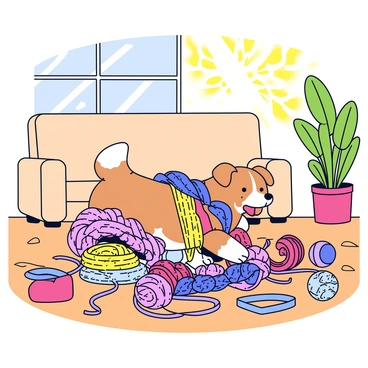 A playful scene of a pet dog tangled in a reel of colorful yarn in a sunny living room