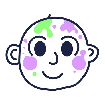 A face is painted with vibrant designs, featuring splashes of paint across the cheeks and forehead. The features include bright eyes that contrast with the bold patterns. The mouth is slightly open, showing a hint of a smile. The paint includes abstract shapes and lines, creating a playful and artistic appearance. Bits of paint appear to have dripped down, adding to the dynamic look of the face.