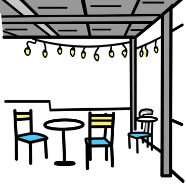 A dimly lit cantine with a wooden ceiling and rustic wooden beams is adorned with "string lights" hanging overhead. The lights emit a warm glow, illuminating the space softly. Below, simple wooden tables and chairs are arranged, casting gentle shadows on the floor. The atmosphere is cozy, with an inviting charm that encourages conversation.