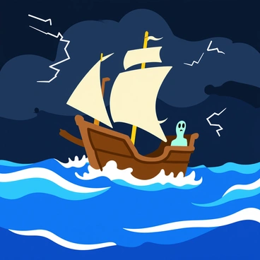 A ghostly pirate ship with tattered sails and a spectral hull glides through a stormy sea. The sails emit an eerie glow, illuminating the dark sky filled with swirling clouds. Waves crash around the ship, sending spray into the air while the ship's ghostly figurehead looms at the prow. Lightning flashes in the background, highlighting the ship's outline against the tumultuous sea, creating a dramatic and intense atmosphere.