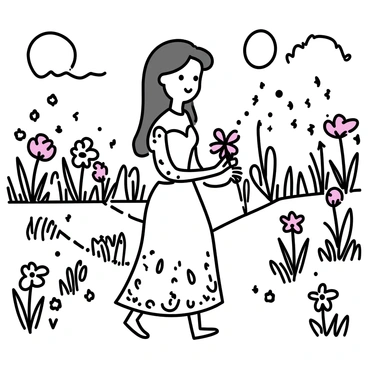 A princess with a flowing gown, featuring intricate patterns, is walking through a garden at night. The garden is filled with various plants and flowers, all illuminated by soft, silver moonlight. Fireflies are scattered throughout the scene, creating tiny points of light along her path. The princess has long hair cascading down her back, and she is gently holding a small bouquet of flowers. In the background, the silhouette of trees can be seen under the moonlit sky.