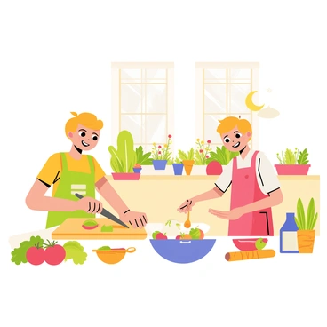 Two kids are joyfully cooking together in a bright kitchen filled with sunlight. One child, wearing a green apron, is chopping fresh vegetables from a nearby garden on a wooden cutting board. The other child, dressed in a red apron, is stirring a bowl of colorful ingredients, smiling as they work. Various fresh ingredients like tomatoes, carrots, and herbs are scattered across the kitchen counter. A window in the background shows a vibrant garden with plants and flowers, adding a lively touch to the scene.