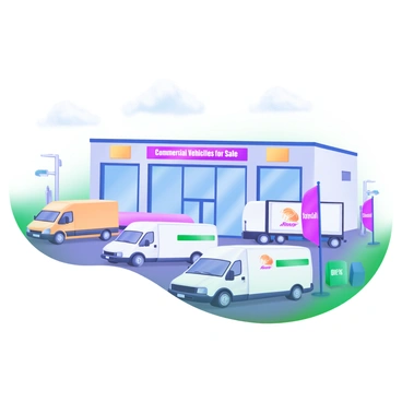 A modern pastel illustration of a vehicle dealership showcasing various commercial vehicles. In the foreground, there are several delivery vans in white and light blue colors, parked neatly in a row. Beside them, there are larger trucks with vibrant branding and logos. The dealership's building features large glass windows displaying "Commercial Vehicles for Sale" in bold letters. Surrounding the vehicles are small flags and banners promoting special offers. The sky is a soft pastel blue with a few fluffy clouds.