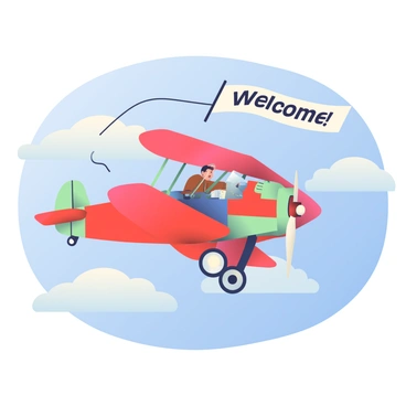A vintage biplane with bright red wings is soaring through a clear blue sky. The plane has two propellers, and the cockpit is visible with a pilot dressed in a brown leather jacket. Trailing behind the biplane is a long white banner fluttering in the wind. The banner has bold black letters spelling out "Welcome!" The scene captures the dynamic movement of the plane against a backdrop of fluffy white clouds.