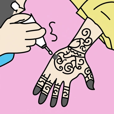 A henna cone, made of a small plastic tube, is held in a hand, squeezing out a deep brown paste. Intricate curls and swirls are forming on the bride's hand, showcasing detailed patterns that cover her palm. The bride's hand is resting on a soft, vibrant fabric, contrasting with the rich tones of the henna. The henna design features arabesques and floral motifs, elegantly wrapping around her fingers and extending to her wrist. The setting is well-lit, highlighting the textures and details of the henna design.