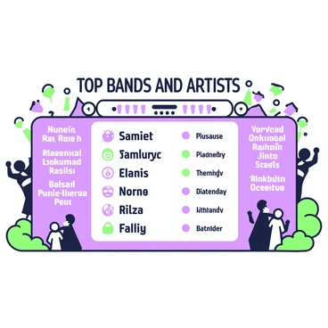 A festival leaderboard is displayed prominently on a large digital screen. At the top, "Top Bands and Artists" is highlighted in bold, eye-catching text. Below this heading, a list of names is organized in descending order, showcasing the top performers. Each band name is accompanied by a small logo or symbol representing their music style. A colorful background features silhouettes of people cheering and dancing, adding to the festive atmosphere. To the side, there is information about performance times and stages, presented in clear, accessible text.