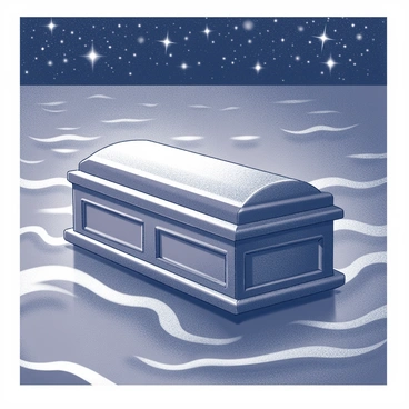 A casket floats gently on the surface of calm ocean waves. The water has a smooth appearance, reflecting the light from the stars above. The night sky is filled with countless bright stars, creating a serene atmosphere. The casket is wooden, with intricate carvings on its surface. It is partially submerged in the water, with gentle ripples forming around it. The scene conveys a sense of stillness and quietude in the vastness of the ocean.