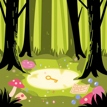 A dense forest with tall, green trees and thick foliage. A soft, ethereal glow emerges from the forest floor, casting a gentle light on the surrounding area. The ground is adorned with colorful mushrooms and small, sparkling gemstones scattered among the roots and leaves. The glow reveals hidden treasures like a golden key and an ancient-looking map partially buried in the soil. Wisps of light drift through the air, enhancing the magical atmosphere of the scene.