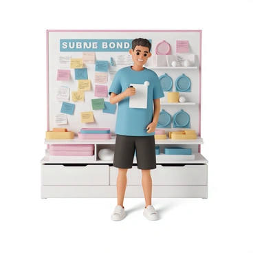 A customer, wearing a blue t-shirt, black shorts, and white sneakers, is standing in front of a suggestion board in a badminton store. The customer is holding a black pen, writing on a piece of paper with a focused expression. The suggestion board is filled with various colored sticky notes and papers, some with handwritten feedback and others with drawings. Behind the customer, there are badminton equipment displays, including rackets and shuttlecocks, neatly organized on shelves. The store has bright lighting that enhances the vibrant colors of the merchandise.