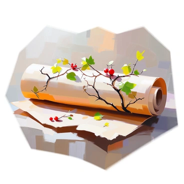 An ancient scroll unrolled on a textured wooden surface, revealing intricate illustrations of lush vines and twisting branches. The scroll is aged, with warm, yellowed tones, and the edges are slightly frayed. The detailed illustrations depict various types of vines, intertwining elegantly, with delicate leaves and tendrils extending gracefully. Small clusters of berries are scattered throughout the design, adding pops of color to the rich greens and earthy browns of the illustrations. The background features faint, weathered patterns that hint at the scroll’s storied history.