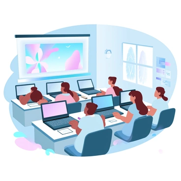 A classroom setting with several students working on individual computers. Each student is focused on their screens, creating animated scenes. A large screen at the front displays an example of an animated sequence with vibrant colors. The desks are cluttered with sketchbooks, tablets, and notes about animation techniques. Bright overhead lights illuminate the room, and colorful posters related to animation techniques decorate the walls. A window shows a view of trees outside, allowing natural light to filter in.