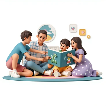 A group of three children, two boys and one girl, sitting on a colorful carpet, eagerly looking at an open storybook with vibrant pop-up illustrations. The first boy, wearing a blue t-shirt and red shorts, is pointing excitedly at a pop-up dragon that has shiny scales. The second boy, dressed in a green shirt and yellow shorts, is leaning forward with wide eyes, while the girl, in a purple dress with white polka dots, is smiling and holding the book open. Two parents, a father in a plaid shirt and denim jeans, and a mother in a bright floral dress, are sitting nearby, smiling at the children and encouraging their engagement with the book. The room is filled with warm light and decorated with playful wall art.