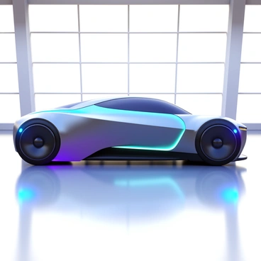 A sleek, futuristic concept car with a smooth aerodynamic design. The car features sharp angles and an innovative body shape, highlighted by glowing accents along its edges. The exterior has a metallic finish that reflects the showroom lights, creating a vibrant interplay of colors. The car's wheels are large and stylish, enhancing its modern appearance. It is positioned centrally in the showroom, with bright, focused lighting illuminating its contours and highlighting its advanced technology features. The showroom background is minimalistic, emphasizing the car as the focal point.