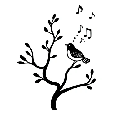 A bird perched on a branch decorated with multiple music notes. The branch is slender, twisting gracefully with a few leaves scattered along it. The bird has detailed feathers and is facing slightly to the side as it sings, with sound waves illustrated emanating from its beak. The background features additional branches and a few more music notes floating in the air around the main branch.