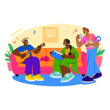 A group of three friends, two sitting on a plush, colorful sofa and one standing beside them, are playing musical instruments in a cozy living room. One friend is strumming a guitar with a bright blue finish, while another is playing a hand drum with intricate patterns. The third friend is holding a tambourine, shaking it with enthusiasm. A warm light illuminates the room, highlighting the vibrant colors of the furniture and cheerful decorations on the walls. The friends are smiling and enjoying their music together, creating a lively and animated scene.