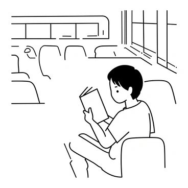 A child sitting on a school bus, focused on reading a book. The child has short hair and is wearing a light t-shirt and jeans. The bus seats are in rows, with the windows showing reflected light. Other empty seats are visible in the background. The child holds the book close to their face, immersed in the story, with a look of concentration. The interior of the bus is detailed with a few safety signs and handles.