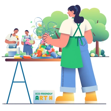 An artist with dark hair tied back is outdoors, standing next to a large wooden table covered with various recycled materials. She is wearing a green apron over a white t-shirt and denim jeans. Her hands are busy assembling pieces of metal, glass, and plastic into a vibrant sculpture. Brightly colored bottle caps and twisted wires form the base, while a large mosaic of broken tiles is spread out nearby, reflecting sunlight. In the background, the lush greenery of a park surrounds the scene, and a few curious onlookers watch the artist at work. A sign on the table reads "Eco-Friendly Art in Progress."