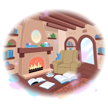 The interior of Bag End features warm, earthy tones with wooden beams and rounded doors. A crackling fireplace is centered against one wall, with orange flames dancing and casting a soft glow throughout the room. On the mantelpiece, there are various knickknacks and a small plant. A large, comfortable armchair is positioned near the fireplace, draped with a cozy blanket. A low table sits in front of the chair, adorned with a steaming cup of tea and a few open books, while a woven rug adds warmth to the wooden floor. Shelves filled with books line the walls, and soft, ambient light filters in from a nearby window.