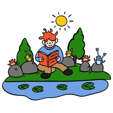 A boy with light skin and wild red hair is sitting on a grassy bank by a lake, reading a book titled "Magical Amphibians." He is wearing a casual blue sweater and beige trousers. Around him, various colorful frogs are perched on rocks and lily pads, creating a lively chorus. The lake is surrounded by leafy trees, and the sun is shining brightly, casting reflections on the water's surface. The boy is smiling, absorbed in his reading while enjoying the sounds of nature.