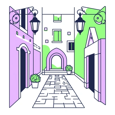 A narrow historic alleyway appears, flanked by aged stone buildings with ornate facades. Vintage lanterns hang from wrought iron brackets, casting soft light onto the cobblestone ground. The cobblestones are uneven, creating a textured surface that reflects the glow from the lanterns. At the end of the alley, there is a small archway that leads to another street, partially obscured by ivy creeping up the walls. A pair of potted plants sit near the entrance, adding a touch of greenery to the scene.