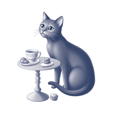 A black cat sitting gracefully at a small round table. The cat has large, expressive eyes and a sleek coat. On the table, there is an ornate teacup, its handle curved elegantly. Surrounding the teacup are various pastries, including a croissant, a small tart, and a macaron, all arranged artfully. The scene conveys a cozy atmosphere, highlighting the delightful interaction between the cat and the table setting.