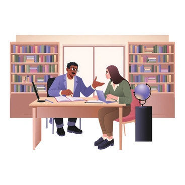 A digital flat illustration depicting a book-lined study room filled with various books on shelves. In the center, two academics are engaged in a discussion. The first academic is a man with dark skin and curly hair, wearing glasses, a blue blazer over a white shirt, and dark pants. He is gesturing with his right hand while holding a notebook in his left. The second academic is a woman with light skin, long straight brown hair, wearing a green sweater with a collar and brown trousers. She is leaning slightly forward, holding a pen and looking attentively at the man. A large wooden desk is positioned in front of them, cluttered with open books and a laptop. The room has warm lighting, and a globe is visible on a side table. A large window lets in natural light, enhancing the scholarly atmosphere.