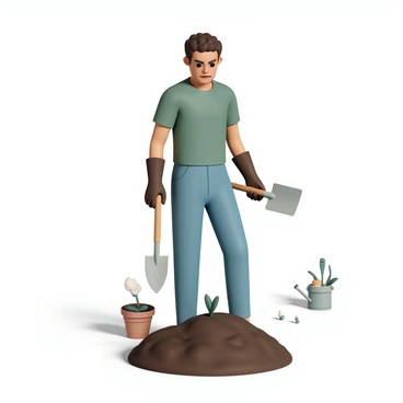 A person with garden tools, standing in front of an empty patch of soil, looking hesitant