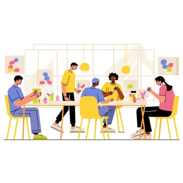 A bright and welcoming gallery interior with large windows letting in natural light. Various tables are set up with art supplies, including colored pencils, markers, and paints. Participants of diverse backgrounds are seated at the tables, focused on creating illustrations. One person is drawing a colorful sunset to express happiness, while another is painting abstract shapes to represent confusion. The walls are adorned with vibrant artwork created by previous participants, showcasing a range of emotions. A friendly instructor is guiding a small group, encouraging them to explore their feelings through art.