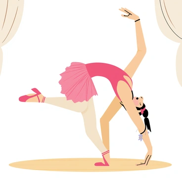 A ballet dancer in a pink tutu is performing a graceful movement on a wooden stage. She is in the midst of the cat-cow stretch, arching her back in a graceful curve with her head lifted. Her arms are extended above her head, flowing elegantly with the motion. The dancer's long hair is tied back in a neat bun, and her ballet shoes are tightly laced. A spotlight shines down on her, highlighting the intricate details of her costume and the subtle expressions on her face as she concentrates on the stretch. In the background, there are soft shadows of flowing curtains, adding depth to the scene.