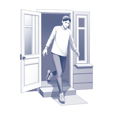An individual stepping out of their house wearing two different shoes