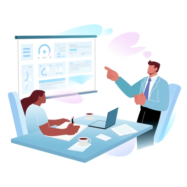 An intern is sitting at a rectangular table, leaning forward with a notebook open in front of them, actively taking notes with a pen in hand. The intern is wearing a casual shirt and has a look of focus. Opposite them, a mentor is standing, gesturing towards a large presentation screen which displays a detailed project plan. The mentor is dressed in formal attire and is pointing at a specific section on the screen. Several documents and laptops are scattered across the table, and a cup of coffee sits nearby. The atmosphere of the meeting is collaborative and informative.