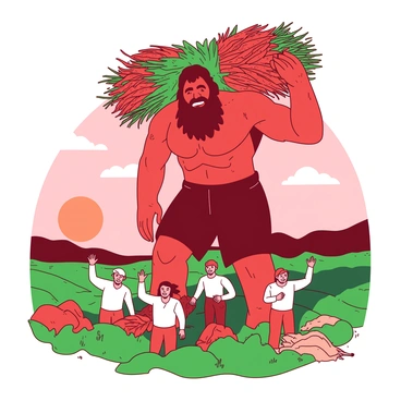 A red giant Goliath is seen helping farmers in a vibrant green field. The Goliath is balancing oversized bundles of crops on its broad shoulders, showcasing its immense size and strength. Below the Goliath, several farmers are working together, smiling and waving in gratitude. The sun is setting in the background, casting a warm glow over the scene. The sky is painted in hues of orange and pink, adding to the lively atmosphere of the harvest.