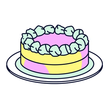 A round gateau with a smooth surface colored in soft pastel hues like pale pink, mint green, and light yellow. The cake is elegantly decorated with delicate icing swirls that create an intricate pattern across the top and sides. The icing is glossy and bright, adding a touch of sheen. The cake sits on a simple white plate with a slight curve at the edges.