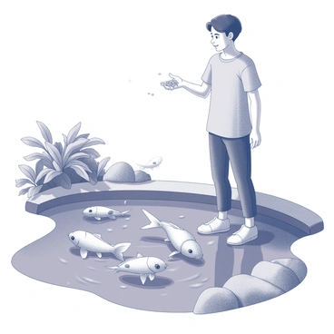 A person standing at the edge of a pond, with a gentle gesture of their hand extended towards the water. The individual is holding a handful of fish food, scattering it onto the surface. Koi fish are swimming eagerly, their bodies gliding just below the water's surface, creating ripples. The pond's edge is bordered by lush greenery, including overhanging plants and a few rocks, adding texture to the scene. The person's clothing is casual, and their expression reflects focus and enjoyment in the act of feeding the fish.