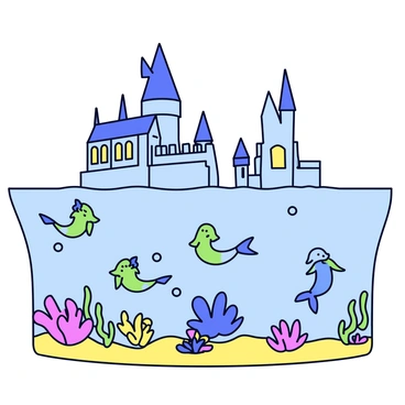 A partial view of Hogwarts castle, with its towers and spires rising above the surface of the water. The lower parts of the castle are submerged, creating a shimmering effect where the water meets the stone. Merpeople are swimming around the castle, their tails glistening with shades of green and blue. Bubbles trail behind them as they move gracefully through the water. Surrounding the castle, a variety of colorful coral and aquatic plants can be seen, swaying gently with the currents. The water is clear enough to reveal the sandy bottom beneath.