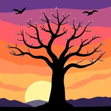 A dark silhouette of a cherry tree with a wide trunk and sprawling branches, featuring clusters of blossoms at the tips. The tree stands prominently in the foreground against a vibrant sunset sky filled with hues of orange, pink, and purple. In the background, a few small birds are flying, their wings outstretched as they soar across the colorful sky. The scene captures a peaceful transition from day to night.