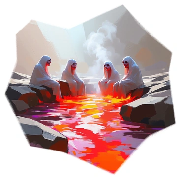 The River Phlegethon flows with a vivid, boiling current of deep red liquid that resembles blood. The riverbanks are rugged and cracked, with dark, charred earth surrounding the turbulent water. Along the edges of the river, tormented souls are depicted, their expressions filled with anguish and despair. These figures are partially submerged in the river, their forms distorted by the heat and turmoil. The atmosphere is heavy with a sense of suffering, as wisps of steam rise from the surface of the river, blending with the dark, foreboding sky above. Each soul appears trapped in an eternal cycle of torment, their features reflecting their pain.