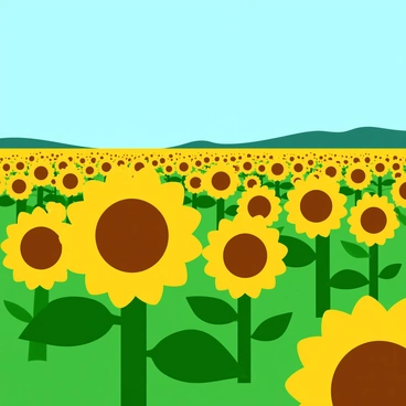 A vast field of "bright yellow sunflowers" stretching across the landscape under a "clear blue sky." Each sunflower stands tall with "green leaves" surrounding their bases. The sunflowers have "large, detailed brown centers" that contrast with their petals. In the distance, the field appears to "fade into a soft horizon," enhancing the sense of openness. The sunflowers sway gently as if in a "light breeze," adding a sense of movement to the scene.