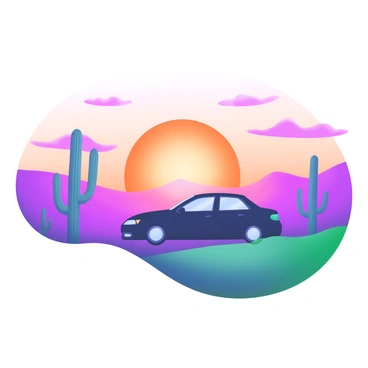 A silhouette of a car is positioned prominently in the foreground, contrasting against a vibrant desert sunset. The sky is filled with hues of orange, pink, and purple, creating a striking backdrop. Several tall cacti are visible in the landscape, their shapes outlined against the colorful sky. The scene captures the essence of a tranquil evening in the desert, with the silhouette of the car serving as a focal point amidst the natural beauty.