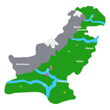 A colorful map of Pakistan highlighting its geographical features. The map prominently displays the "Karakoram" mountain range with bold, jagged peaks in shades of gray and white. Surrounding the mountains are lush green valleys and rivers illustrated in blue. The map includes various symbols for major cities, represented as small icons in bright colors, and labels for significant landmarks written in clear, bold font. The overall layout is engaging, with a playful, cartoon-like representation of the terrain and features.