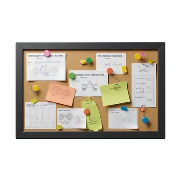 A bulletin board made of dark wood, filled with various colorful notes and papers. The notes include handwritten messages and printed documents detailing "quotas" and "strategies to achieve them." Some notes are pinned with colorful pushpins, while others are clipped with metal paper clips. The board has a few diagrams illustrating plans, a calendar with marked dates, and sticky notes with reminders. The overall composition suggests a busy and organized workspace atmosphere.